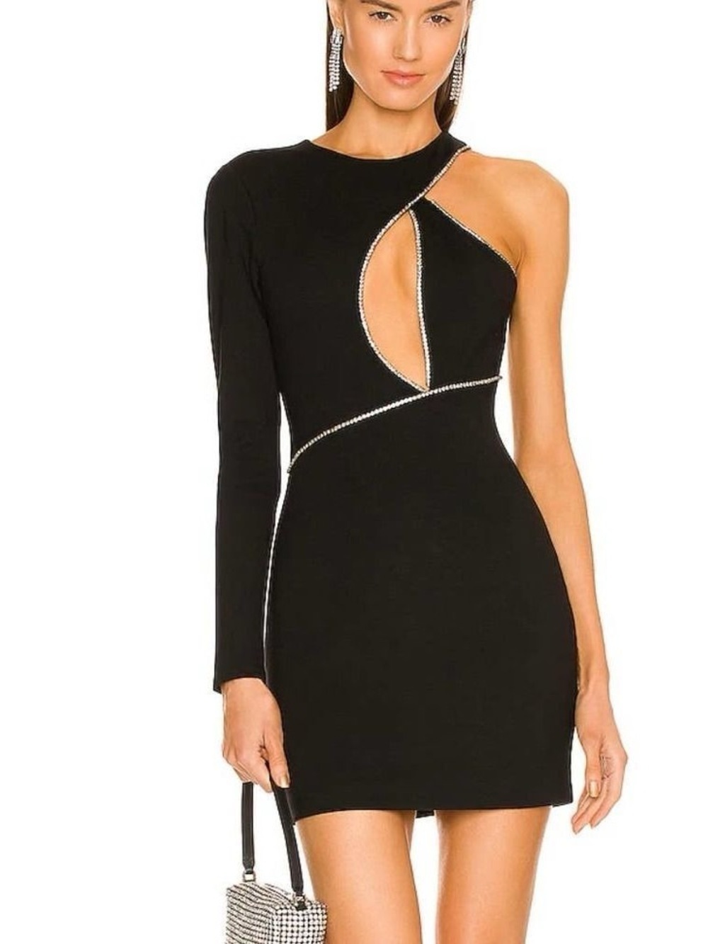 NBD Black One-Shoulder Asymmetrical Cutout Mini Rhinestone Trim Dress Size Small